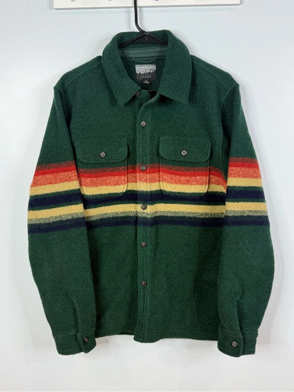 J.Crew Nordic Wool-Blend Blanket-Stripe Shirt Jacket Green Men’s Medium